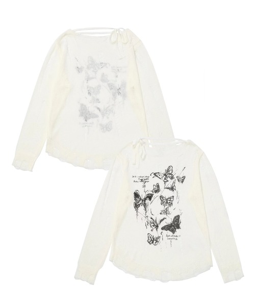 HOOK(フック)の「【HOOK】for girls バタフライプリントダメージ透かしトップス(Tシャツ/カットソー・レディース・ホワイト・L/M/S)」の1枚目の写真