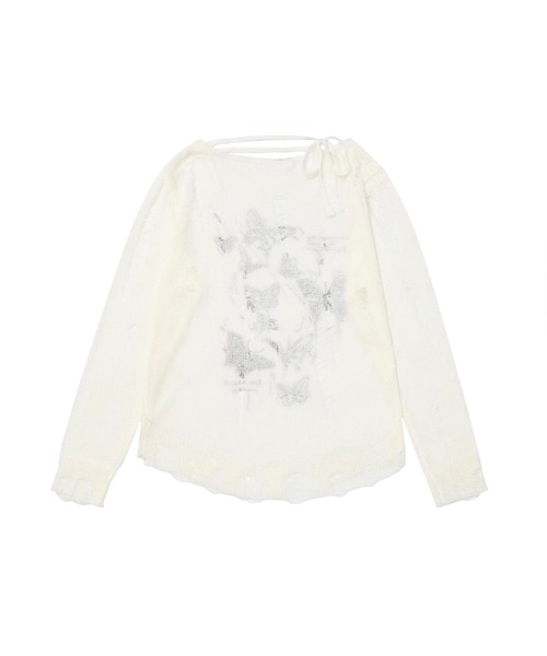 HOOK(フック)の「【HOOK】for girls バタフライプリントダメージ透かしトップス(Tシャツ/カットソー・レディース・ホワイト・L/M/S)」の3枚目の写真