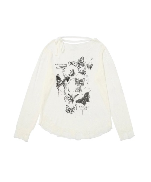 HOOK(フック)の「【HOOK】for girls バタフライプリントダメージ透かしトップス(Tシャツ/カットソー・レディース・ホワイト・L/M/S)」の2枚目の写真
