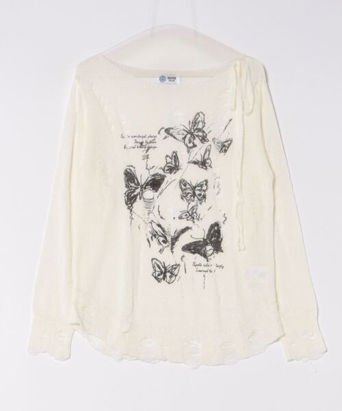 HOOK(フック)の「【HOOK】for girls バタフライプリントダメージ透かしトップス(Tシャツ/カットソー・レディース・ホワイト・L/M/S)」の17枚目の写真