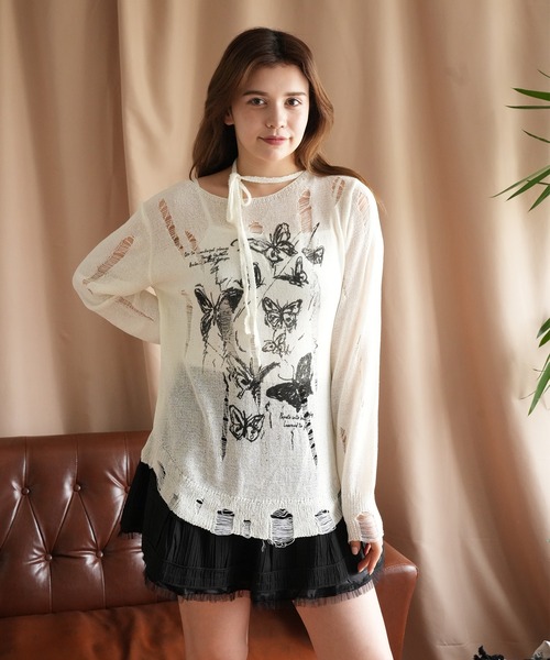HOOK(フック)の「【HOOK】for girls バタフライプリントダメージ透かしトップス(Tシャツ/カットソー・レディース・ホワイト・L/M/S)」の19枚目の写真