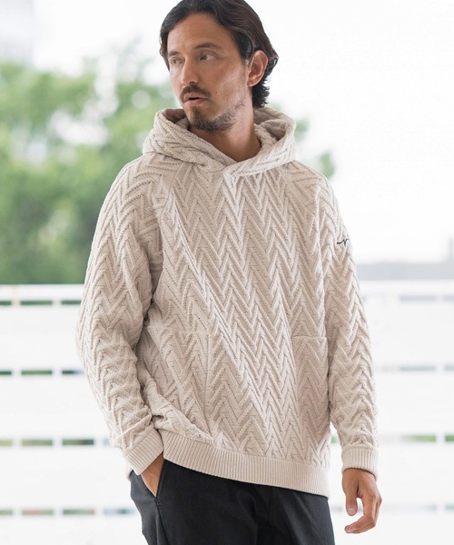 CALL&RESPONSE(コールアンドレスポンス)の「mpa3527-ヘリンボーン-ニットパーカー-サイセンタク(パーカー・メンズ・ベージュ/ホワイト・2/4/5)」の2枚目の写真