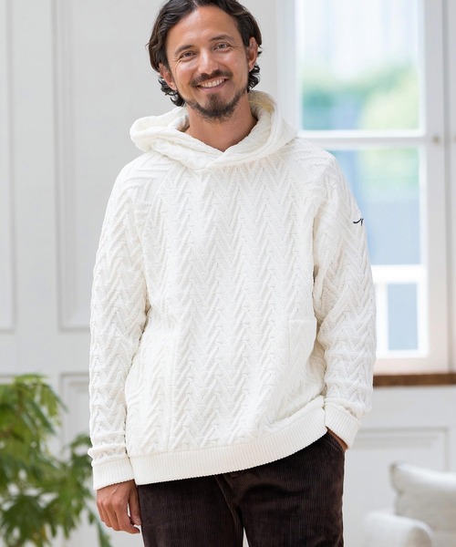 CALL&RESPONSE(コールアンドレスポンス)の「mpa3527-ヘリンボーン-ニットパーカー-サイセンタク(パーカー・メンズ・ベージュ/ホワイト・2/4/5)」の3枚目の写真