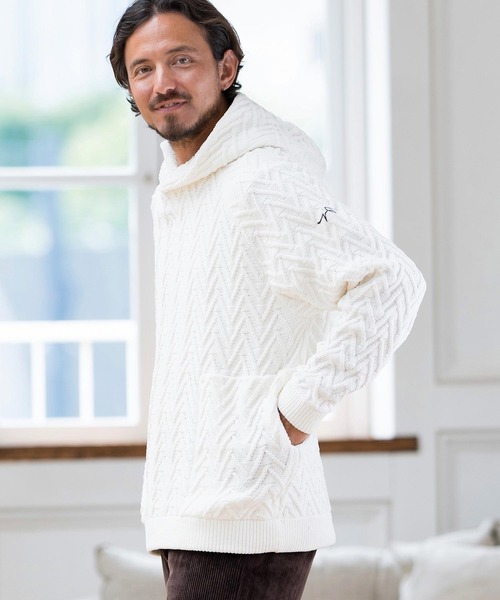 CALL&RESPONSE(コールアンドレスポンス)の「mpa3527-ヘリンボーン-ニットパーカー-サイセンタク(パーカー・メンズ・ベージュ/ホワイト・2/4/5)」の4枚目の写真