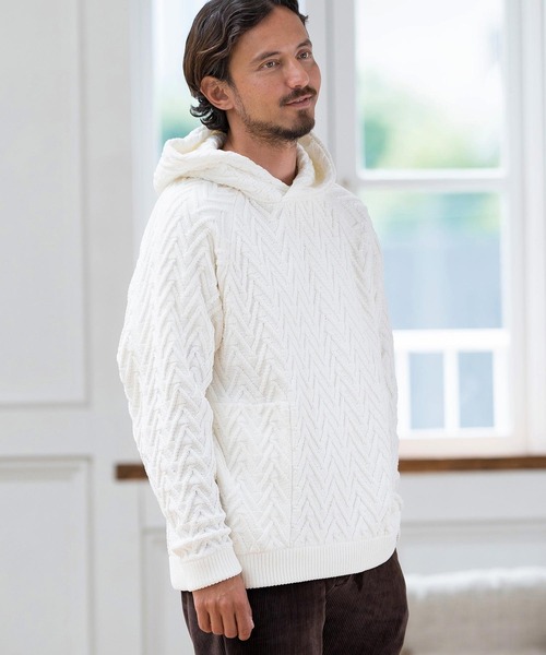 CALL&RESPONSE(コールアンドレスポンス)の「mpa3527-ヘリンボーン-ニットパーカー-サイセンタク(パーカー・メンズ・ベージュ/ホワイト・2/4/5)」の5枚目の写真