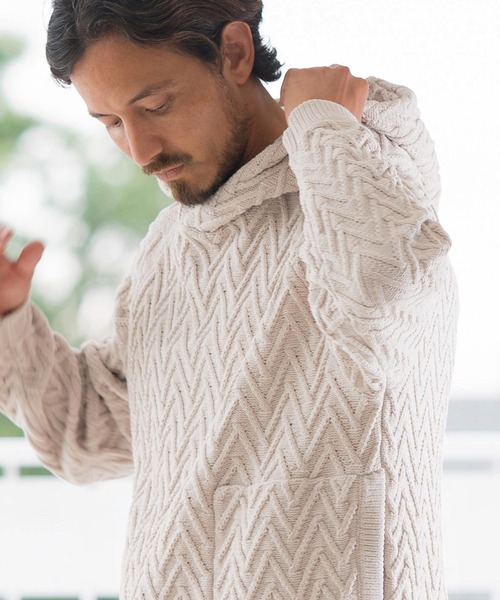 CALL&RESPONSE(コールアンドレスポンス)の「mpa3527-ヘリンボーン-ニットパーカー-サイセンタク(パーカー・メンズ・ベージュ/ホワイト・2/4/5)」の10枚目の写真