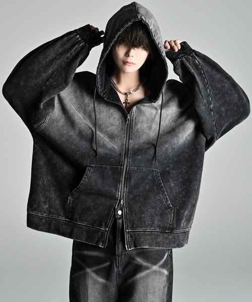 welise（ウェライズ）の「【welise × 犬飼京 -ephemeral-】 ケミカルオーバーダイ ヘビーウェイトスウェット ダブルジップアップパーカー（パーカー・メンズ・ブラック/ライトグレー/ダークブラウン/ブラック系1・S/M/L）」の19枚目の写真