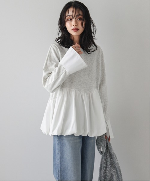 AMELY（エミリー）の「バルーンペプラムドッキングトップス（Tシャツ/カットソー・レディース・ブラック/杢グレー/ベージュ・フリー）」の7枚目の写真