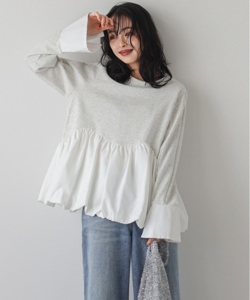 AMELY（エミリー）の「バルーンペプラムドッキングトップス（Tシャツ/カットソー・レディース・ブラック/杢グレー/ベージュ・フリー）」の8枚目の写真
