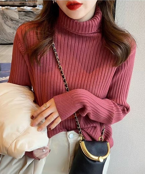 COCOMOMO(ココモモ)の「リブニット タートルネック シンプル ストレッチニット(ニット/セーター・レディース・ホワイト/ダークブラウン/グリーン系/ピンク/ベージュ/ブラック/ライトブラウン・FREE)」の9枚目の写真