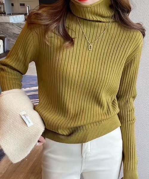 COCOMOMO(ココモモ)の「リブニット タートルネック シンプル ストレッチニット(ニット/セーター・レディース・ホワイト/ダークブラウン/グリーン系/ピンク/ベージュ/ブラック/ライトブラウン・FREE)」の12枚目の写真