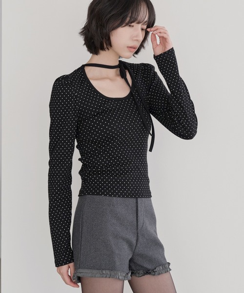 tシャツ バレエコアラブリーUネックリボンドットショルダーパフ長袖Tシャツカットソー レディース バレエコアラブリーUネックリボンドットショルダーパフ長袖T