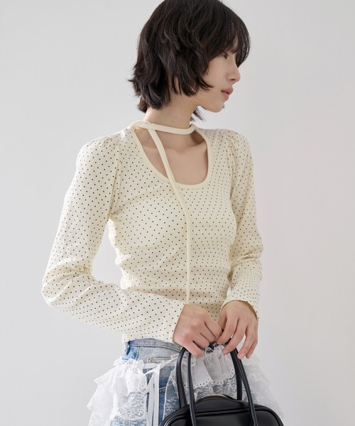 UNE MANSION（ユヌマンション）の「バレエコアラブリーUネックリボンドットショルダーパフ長袖Tシャツカットソー（Tシャツ/カットソー・レディース・クリーム/ブラック・FREE）」の6枚目の写真