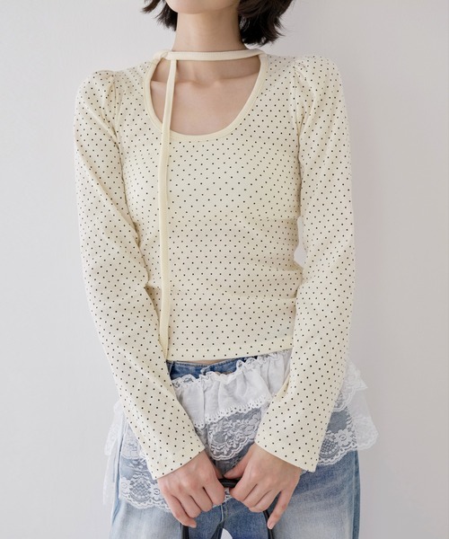 UNE MANSION（ユヌマンション）の「バレエコアラブリーUネックリボンドットショルダーパフ長袖Tシャツカットソー（Tシャツ/カットソー・レディース・クリーム/ブラック・FREE）」の7枚目の写真