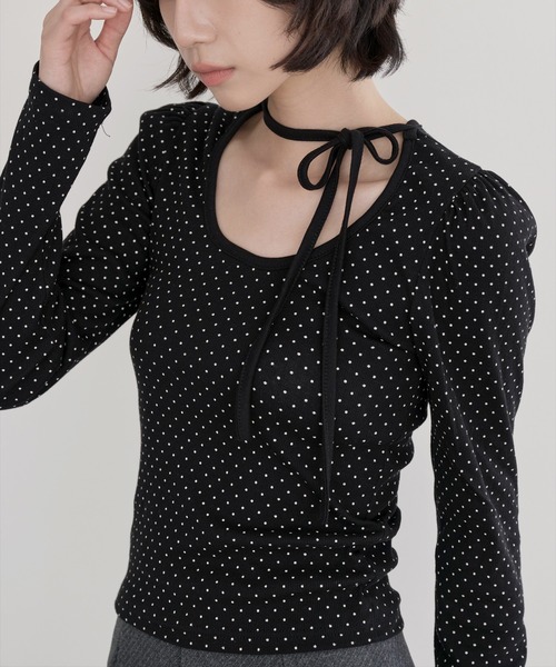 UNE MANSION（ユヌマンション）の「バレエコアラブリーUネックリボンドットショルダーパフ長袖Tシャツカットソー（Tシャツ/カットソー・レディース・クリーム/ブラック・FREE）」の21枚目の写真
