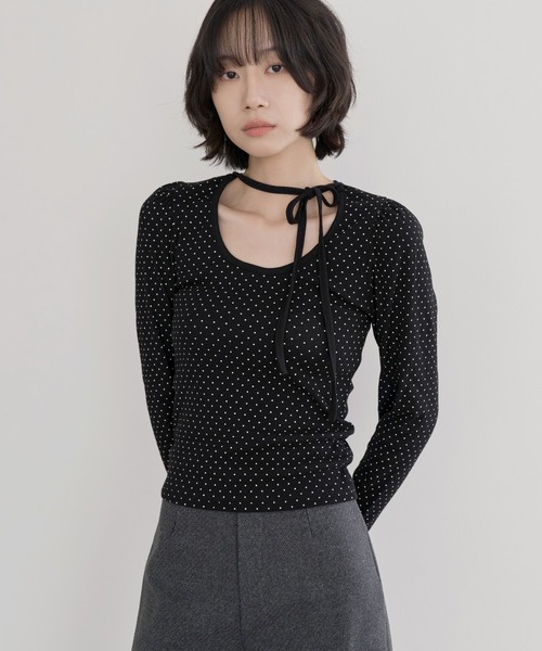 UNE MANSION（ユヌマンション）の「バレエコアラブリーUネックリボンドットショルダーパフ長袖Tシャツカットソー（Tシャツ/カットソー・レディース・クリーム/ブラック・FREE）」の20枚目の写真