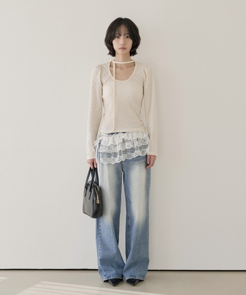 UNE MANSION（ユヌマンション）の「バレエコアラブリーUネックリボンドットショルダーパフ長袖Tシャツカットソー（Tシャツ/カットソー・レディース・クリーム/ブラック・FREE）」の18枚目の写真