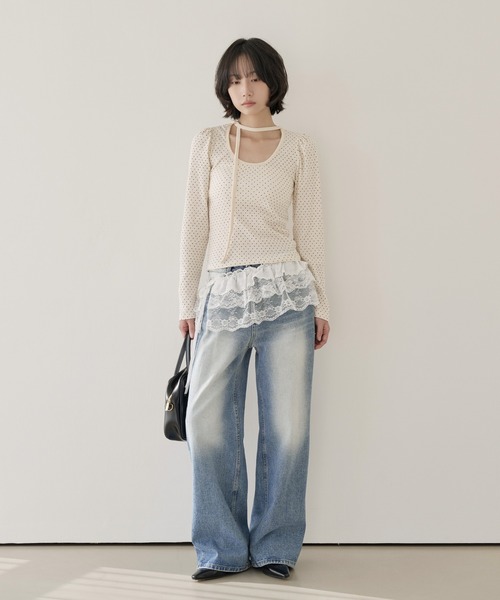 UNE MANSION（ユヌマンション）の「バレエコアラブリーUネックリボンドットショルダーパフ長袖Tシャツカットソー（Tシャツ/カットソー・レディース・クリーム/ブラック・FREE）」の14枚目の写真