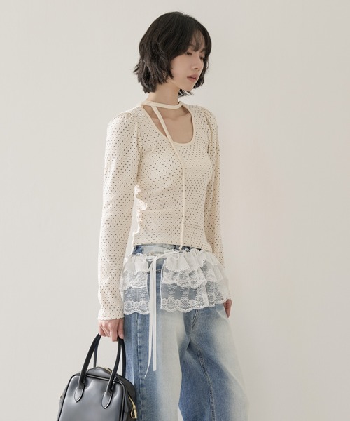 tシャツ バレエコアラブリーUネックリボンドットショルダーパフ長袖Tシャツカットソー レディース バレエコアラブリーUネックリボンドットショルダーパフ長袖T