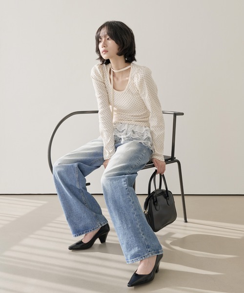 UNE MANSION（ユヌマンション）の「バレエコアラブリーUネックリボンドットショルダーパフ長袖Tシャツカットソー（Tシャツ/カットソー・レディース・クリーム/ブラック・FREE）」の12枚目の写真