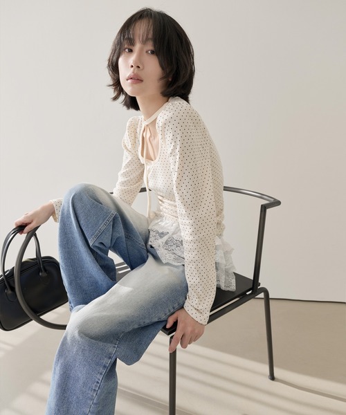 tシャツ バレエコアラブリーUネックリボンドットショルダーパフ長袖Tシャツカットソー レディース UNE MANSION tシャツ バレエコアラブリーUネックリボンドット