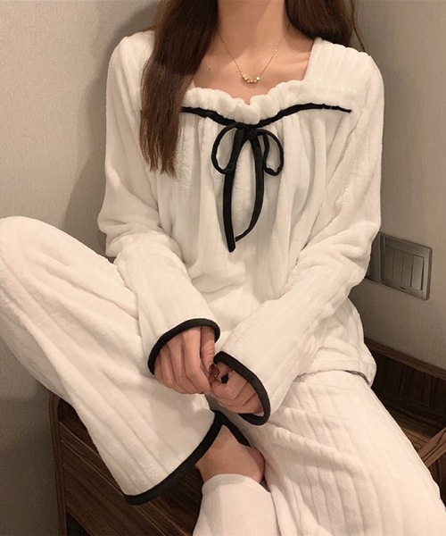 リボン付き リブ フリース ルームウェア セットアップ（ルームウェア