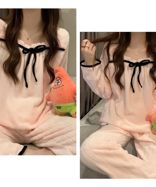 Lace Ladies(レースレディース)の「リボン付き リブ フリース ルームウェア セットアップ(ルームウェア/パジャマ・レディース・ホワイト/ブルーグレー/ピンク・M/XL)」の11枚目の写真