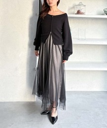 【25ss/一枚で決まる/春まで使える】Wzipオフショルニット×チュールキャミワンピースSET