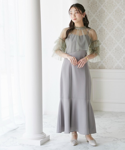 Jolie et Jolie（ジョリーエジョリー）の「ボリュームチュールスリーブ＋キャミワンピースドレス（ドレス・レディース・グレイッシュベージュ/ブラック/ダークグリーン/ブルー・M/L）」の6枚目の写真