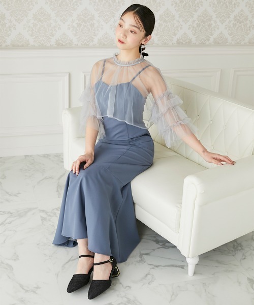 Jolie et Jolie（ジョリーエジョリー）の「ボリュームチュールスリーブ＋キャミワンピースドレス（ドレス・レディース・グレイッシュベージュ/ブラック/ダークグリーン/ブルー・M/L）」の18枚目の写真