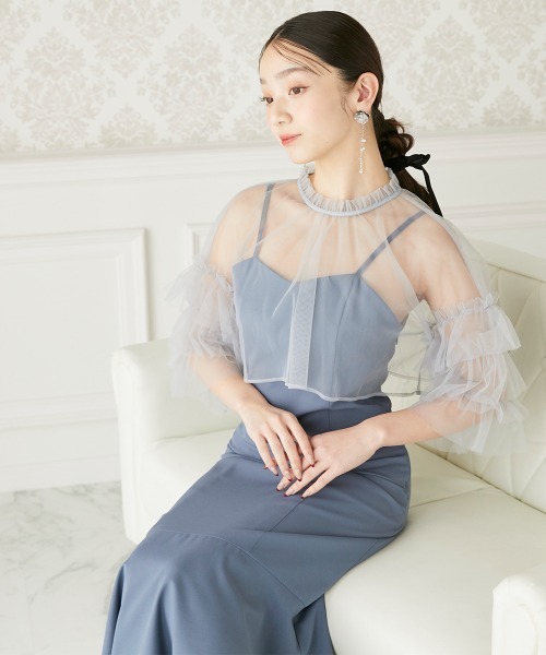 Jolie et Jolie（ジョリーエジョリー）の「ボリュームチュールスリーブ＋キャミワンピースドレス（ドレス・レディース・グレイッシュベージュ/ブラック/ダークグリーン/ブルー・M/L）」の19枚目の写真