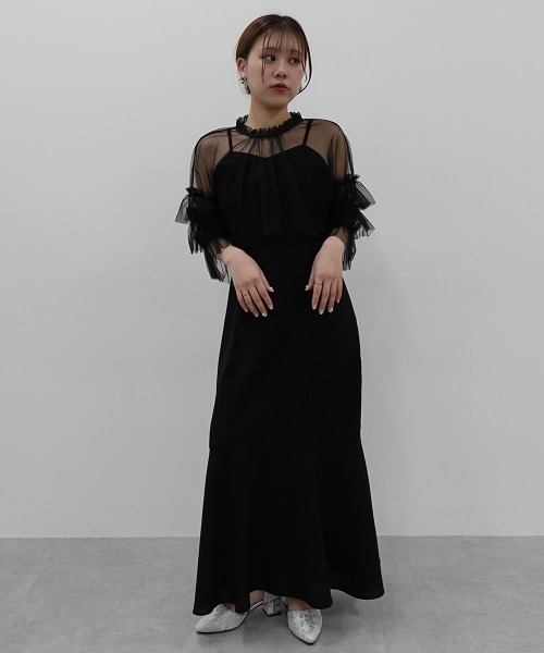 ボリューム パフスリーブ パーティードレス スリム チュール 黒 セール】【結婚式・パーティードレス】ボリュームチュール