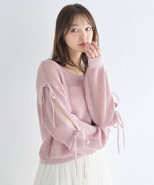 INGNI(イング)の「メッシュ袖スリットリボンニット(ニット/セーター・レディース・グレー/オフホワイト/ピンク/ミント・M)」の1枚目の写真