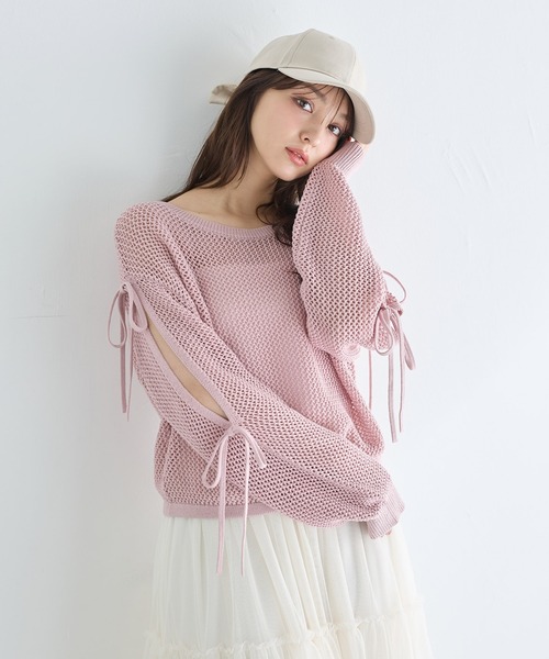 INGNI(イング)の「メッシュ袖スリットリボンニット(ニット/セーター・レディース・グレー/オフホワイト/ピンク/ミント・M)」の5枚目の写真