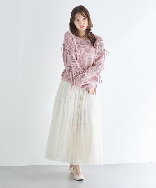 INGNI(イング)の「メッシュ袖スリットリボンニット(ニット/セーター・レディース・グレー/オフホワイト/ピンク/ミント・M)」の6枚目の写真