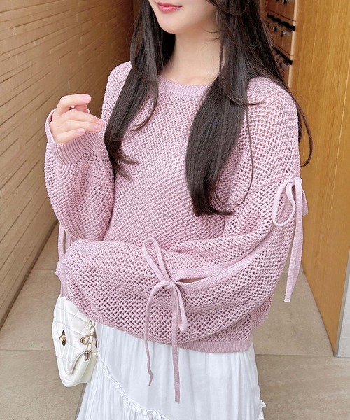 INGNI(イング)の「メッシュ袖スリットリボンニット(ニット/セーター・レディース・グレー/オフホワイト/ピンク/ミント・M)」の7枚目の写真