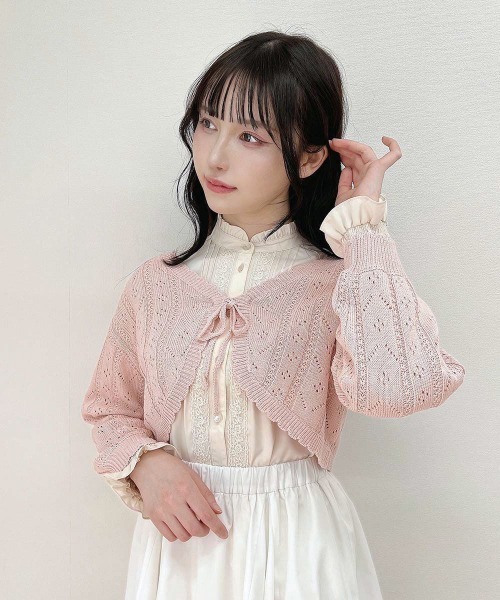 F i.n.t（フィント）の「ストライプ透かし編みニットボレロ/ fint　フィント（カーディガン/ボレロ・レディース・ライトグリーン/ライトピンク/オフホワイト・FREE）」の3枚目の写真