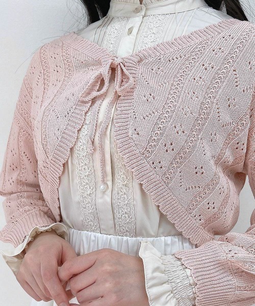 F i.n.t（フィント）の「ストライプ透かし編みニットボレロ/ fint　フィント（カーディガン/ボレロ・レディース・ライトグリーン/ライトピンク/オフホワイト・FREE）」の10枚目の写真
