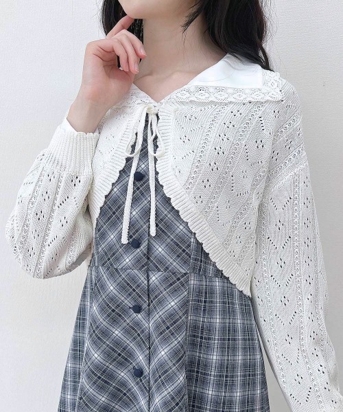 F i.n.t（フィント）の「ストライプ透かし編みニットボレロ/ fint　フィント（カーディガン/ボレロ・レディース・ライトグリーン/ライトピンク/オフホワイト・FREE）」の7枚目の写真