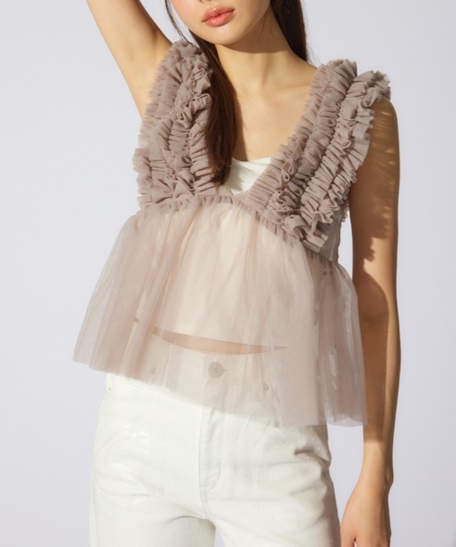 rienda（リエンダ）の「ボリュームチュールペプラムブラウス　シアートップス　ビスチェ 春服 夏服 ノースリーブトップス（シャツ/ブラウス・レディース・ホワイト/ライトベージュ/カーキ/ブラック・MEDIUM/SMALL）」の3枚目の写真