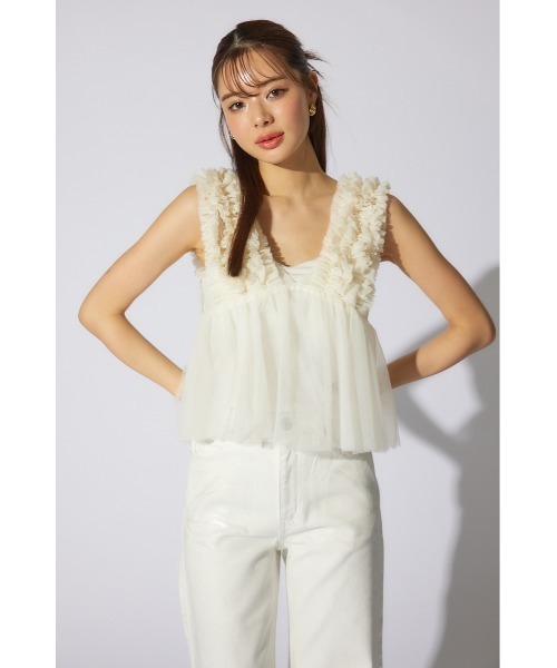 rienda（リエンダ）の「ボリュームチュールペプラムブラウス　シアートップス　ビスチェ 春服 夏服 ノースリーブトップス（シャツ/ブラウス・レディース・ホワイト/ライトベージュ/カーキ/ブラック・MEDIUM/SMALL）」の6枚目の写真