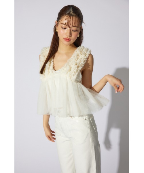 rienda（リエンダ）の「ボリュームチュールペプラムブラウス　シアートップス　ビスチェ 春服 夏服 ノースリーブトップス（シャツ/ブラウス・レディース・ホワイト/ライトベージュ/カーキ/ブラック・MEDIUM/SMALL）」の7枚目の写真