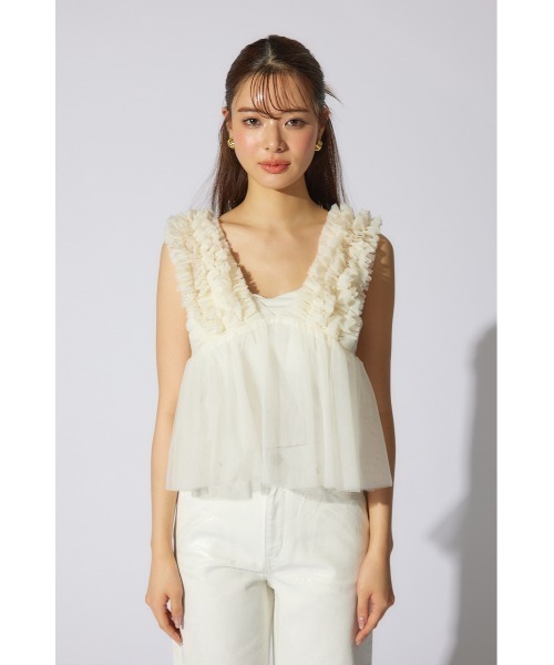 rienda（リエンダ）の「ボリュームチュールペプラムブラウス　シアートップス　ビスチェ 春服 夏服 ノースリーブトップス（シャツ/ブラウス・レディース・ホワイト/ライトベージュ/カーキ/ブラック・MEDIUM/SMALL）」の11枚目の写真