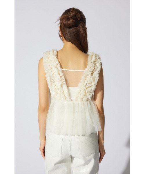 rienda（リエンダ）の「ボリュームチュールペプラムブラウス　シアートップス　ビスチェ 春服 夏服 ノースリーブトップス（シャツ/ブラウス・レディース・ホワイト/ライトベージュ/カーキ/ブラック・MEDIUM/SMALL）」の13枚目の写真