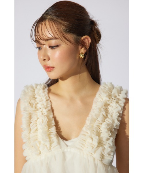 rienda（リエンダ）の「ボリュームチュールペプラムブラウス　シアートップス　ビスチェ 春服 夏服 ノースリーブトップス（シャツ/ブラウス・レディース・ホワイト/ライトベージュ/カーキ/ブラック・MEDIUM/SMALL）」の14枚目の写真