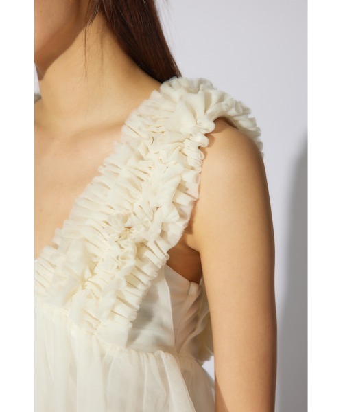 rienda（リエンダ）の「ボリュームチュールペプラムブラウス　シアートップス　ビスチェ 春服 夏服 ノースリーブトップス（シャツ/ブラウス・レディース・ホワイト/ライトベージュ/カーキ/ブラック・MEDIUM/SMALL）」の15枚目の写真