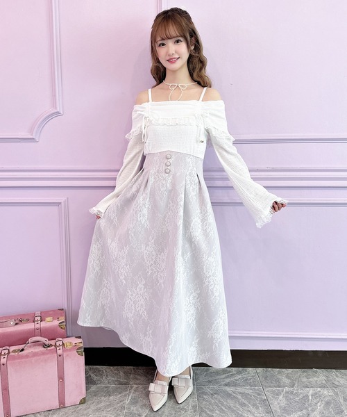 新品★Rirandture★袖リボンオフショルレースドッキングワンピース セール】オフショルドッキングワンピース（ワンピース