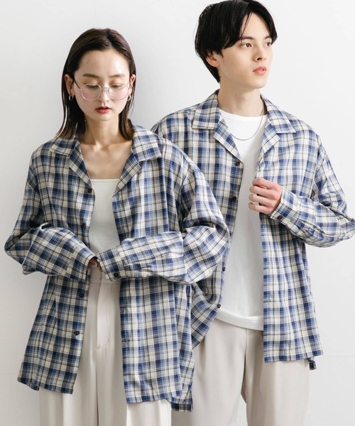 SENSE OF PLACE by URBAN RESEARCH（センスオブプレイスバイアーバンリサーチ）の「『ユニセックス』シアーチェックオープンカラーロングスリーブシャツ（シャツ/ブラウス・メンズ・ベージュ/ブラック/ブルー・MEDIUM/LARGE）」の3枚目の写真