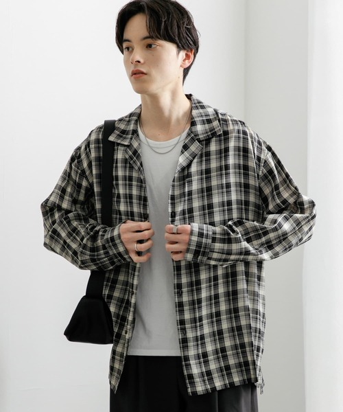 SENSE OF PLACE by URBAN RESEARCH（センスオブプレイスバイアーバンリサーチ）の「『ユニセックス』シアーチェックオープンカラーロングスリーブシャツ（シャツ/ブラウス・メンズ・ベージュ/ブラック/ブルー・MEDIUM/LARGE）」の2枚目の写真