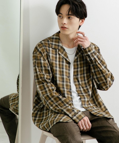 SENSE OF PLACE by URBAN RESEARCH（センスオブプレイスバイアーバンリサーチ）の「『ユニセックス』シアーチェックオープンカラーロングスリーブシャツ（シャツ/ブラウス・メンズ・ベージュ/ブラック/ブルー・MEDIUM/LARGE）」の5枚目の写真